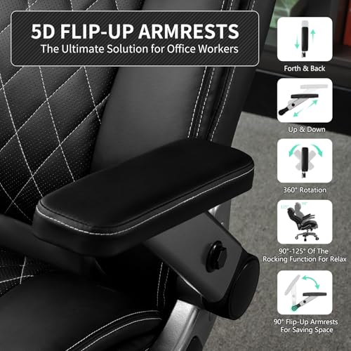 Image of Big and Tall Office Chair with 5D Arms, 600lbs Heavy Duty Desk Chair with Adjustable Lumbar Support, PU Leather High Back Ergonomic Executive Computer Chair with 3'' Silent Casters