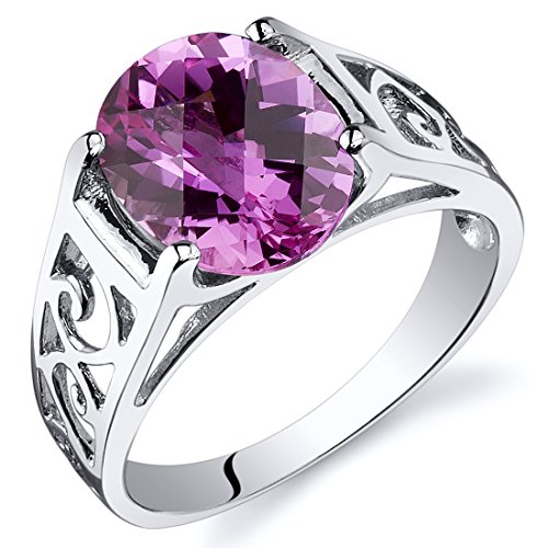 Peora Created Pink Sapphire Solitaire Ring Sterling Silver 3.50 Carats Size 8
