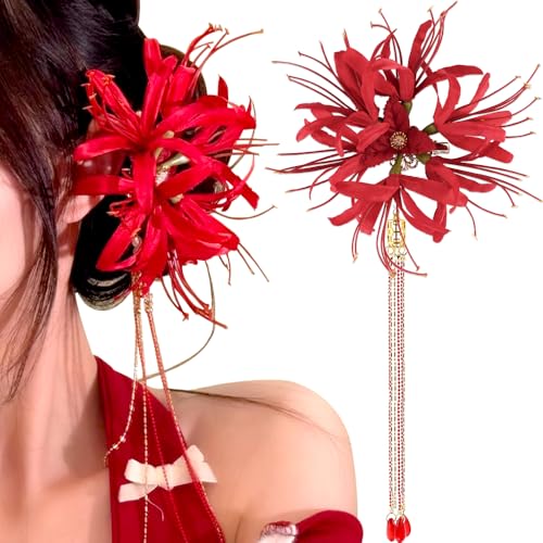 Image of Red Spider Lily Flower Hair Clips for Women Tassel Flower Clips for Hair Accessories Lycoris Radiata Floral Hairclip Duckbill Clip Cute Decorative Barrettes for Women Side Hairclips