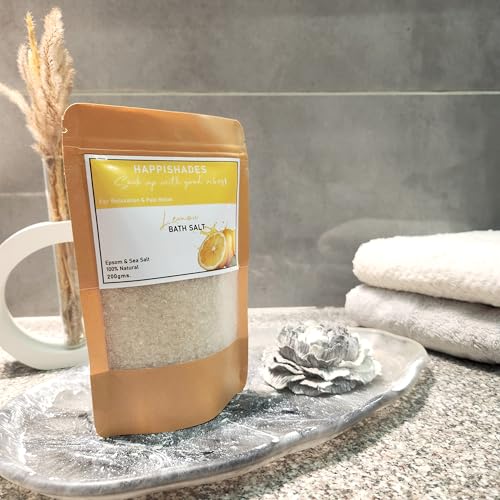 Image of Happishades Bath Salt | For Body & Foot Spa, Calming, Relaxing, Muscle Aches Pain Relief, Aromatherapy | Pure & Natural Epsom, Sea Salt & Essential Oils - 200 grams (Lavender & Lemon)