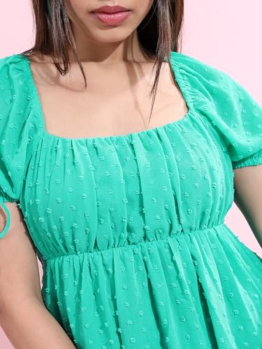 Image of Tokyo Talkies Women's Self-Design Fit & Flare Short Dress | Square Neck & Front Gathering | Chic & Feminine with Puff Sleeves