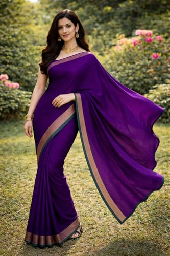 Image of Women's Glory Kanjivaram Soft Lichi Silk Saree With Embroidered Design and Zari Work For Wedding Banarasi Style Sari With Jacquard Woven Unstiched Blouse Piece for Wedding sadi (Purple)