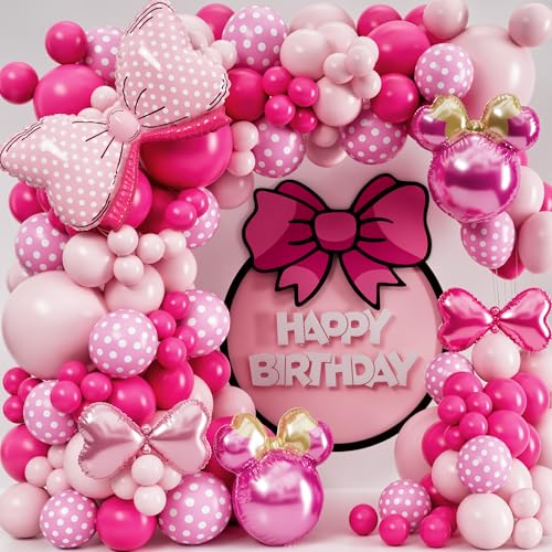 Kit de arco de globos de Minnie todo en 1 con lazo y globos de cabeza de ratón – Mini globos de ratón para decoraciones de cumpleaños y suministros de fiesta de cumpleaños para niña, fiesta de