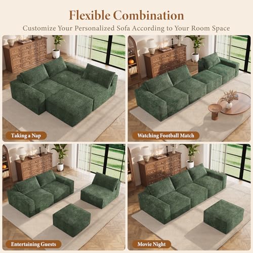 Image of Vesgantti 114 inch Modular Boneless Couch, Modern 3 Seater Sectional Sofa with Ottoman & Deep Seat, Convertible Chenille L Shaped Cloud Couches for Living Room, No Assembly Required, Green