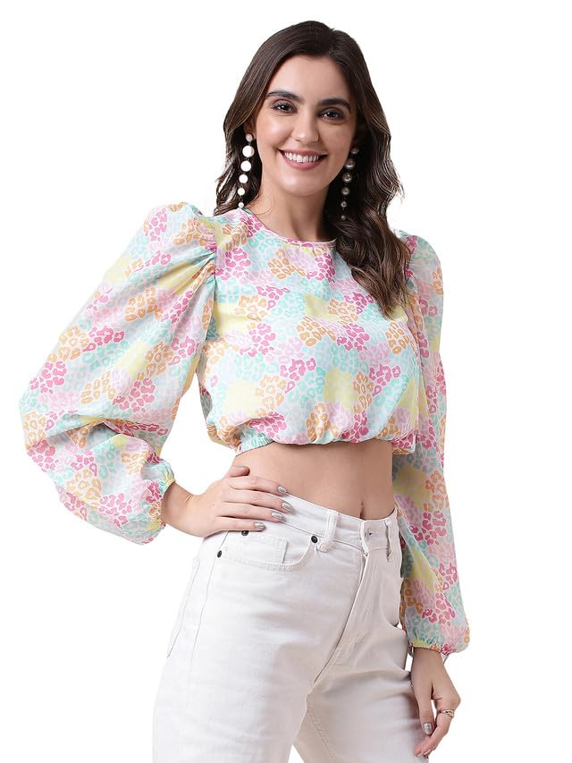 Image of Selvia Women's Georgette Printed (Elastic Waist) Regular Fit Casual Top