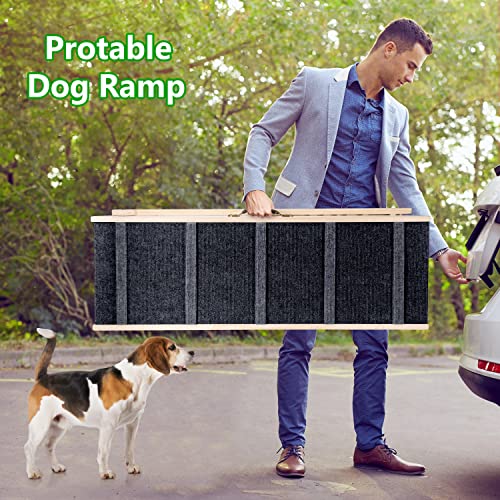 Suteck Wooden Adjustable Dog Ramp, 200Lbs Load Folding Pet Ramp With Portable Handle For All Small Large Animals 6 Height From 13.8” To 25.6” For Bed Couch Car -Durable Frame, High Traction #TOP5