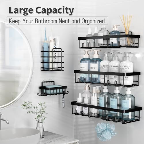 Image of Liuoud Shower Caddy 5 Pack XL-Size Adhesive Stainless Steel Organizer | XL Capacity, With Strong Adhesive, Rustproof, No Drilling Wall Mount Shelvs For Daily Bathroom Organization Decor Set, Black