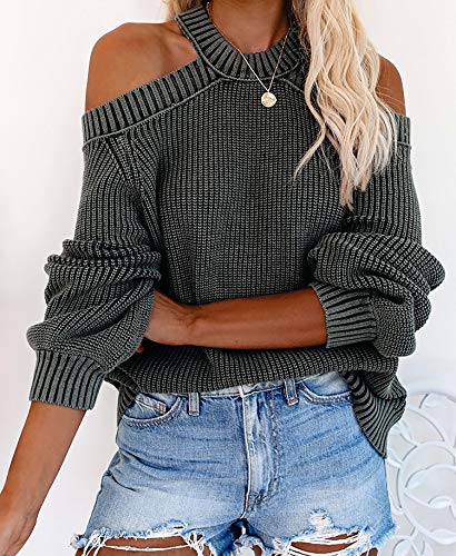 Image of Women Casual Loose Off Shoulder Knit Sweater Solid Halter Neck Blouse Tops Lantern Sleeve Backless Pullover Jumper (Dark Grey, Medium)