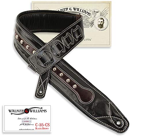 Walker & ‿Williams C-35 CS Sangle rembourrée en cuir de qualité supérieure avec clous métalliques Noir/marron - Les Beatles, Paul McCartney, John Lennon, RIngo Starr, George Harrison Walker & ‿Williams C-35 CS Sangle rembourrée en cuir de qualité supérieure avec clous métalliques Noir/marron