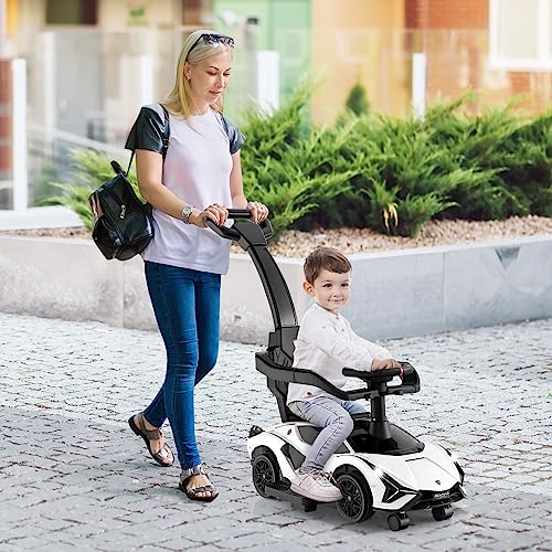 COSTWAY 3-in-1 Lamborghini Rutschauto, Schiebauto mit Scheinwerfern & Musik & Stauraum, Rutschfahrzeug mit abnehmbaren Schiebegriff & Universalrädern, Rutscher Auto für Kinder ab 1 Jahr (Weiß) – Bild 3