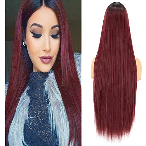 Burgundy Wigs for Women ombre YIMANEILI Wine Red Long Straight Hair Wig Middle Part Fashion Cute Synthetic Full Wigs for Daily Party YM235BU