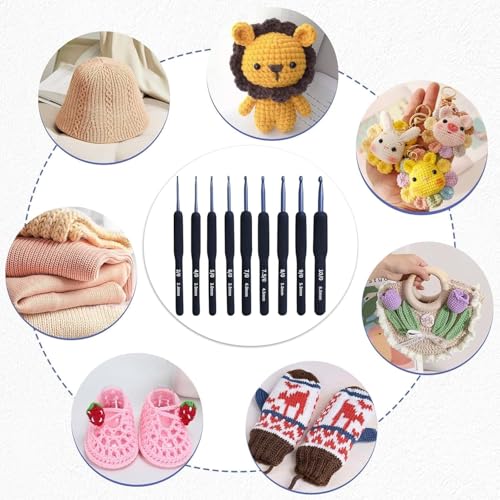 Image of VIRADHAM Crochet Kit for Beginners, 9-Piece Ergonomic Crochet Hooks Set with Yarn Balls, Stitch Markers, Plastic Needles & Scissors - Complete Knitting & Craft Starter Kit (Black Hook Soy+Yarn)