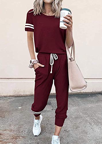 Image of PRETTYGARDEN Women's Two Piece Outfits Striped Short Sleeve Pullover and Long Pants Tracksuit Pajama Lounge Jogger Sets