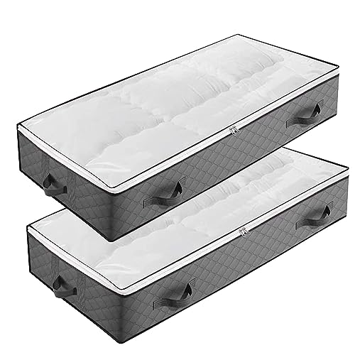 HUSAIHU 90L Underbed Storage Bags, 2 Pack Large Under Bed Box with lid, Foldable Clothes Bag 4 Reinforced Handle, PVC Window for Quilts, Blankets, Clothes, Bedding, Clear