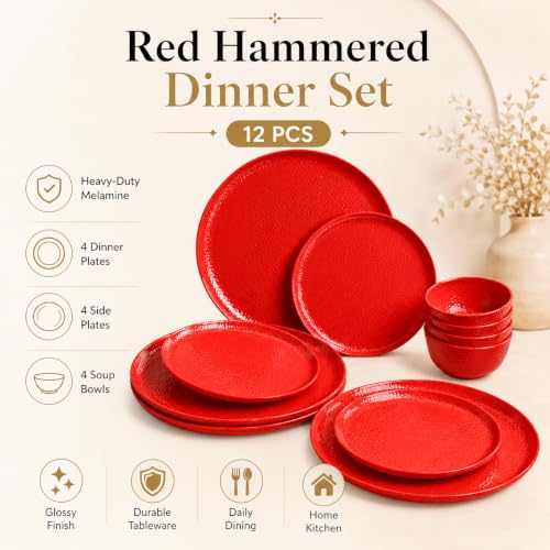 Image of MARKET 99 Heavy-Duty Red Hammered Melamine Dinner Set 12 Pieces | 4 Dinner Plates 4 Side Plates 4 Soup Bowls | Glossy Finish Durable Tableware for Daily Dining Home Kitchen