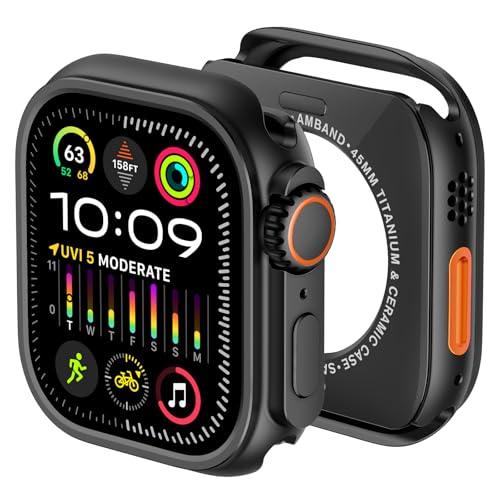 Image of amBand 3 in 1 Metal Case Compatible with Apple Watch Series 9 /8 /7 45mm, W1 Protector Rugged Bumper with Watch Crown + Back Cover, Black
