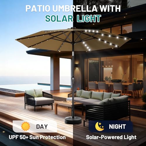 Image of AreShark 9FT Patio Umbrella with Solar Lights, 32 Lighted Pool Umbrella w /Tilt and Crank, Outdoor Market Solar Umbrellas for Garden, Deck, Backyard, Pool and Beach, Khaki