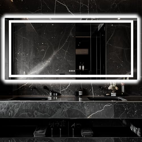 LED Bathroom Mirror, 72"x32" with Frontlit and Backlit Anti-Fog Mirror with Lights LED Vanity Mirror for Bathroom Stepless 3 Colors Temperature & Dimmable Bathroom Mirror with HD Tempered Glass