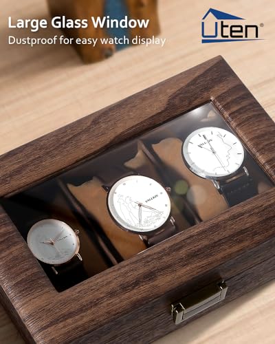 Image of Uten Watch Box 3 Slots, Watch Case Organizer with Real Glass Lid, Wood Grain PU Leather Watch Display Storage Box with Removable Imitation Suede Watch Pillows, Metal Clasp
