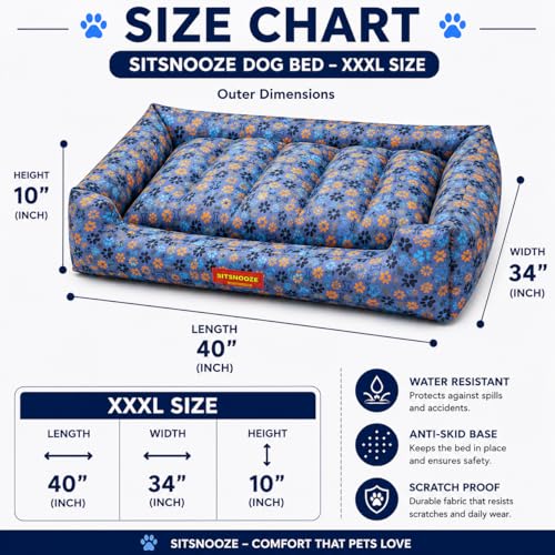 Image of SITSNOOZE XXXL Dog Bed (45kg+) for Tibetan Mastiff, Saint Bernard, Bully Kutta - Giant Orthopedic Washable Mattress, Heavy Duty Calming Sofa Lounger, Waterproof Cushion (Print 12, XXXL)