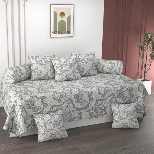 Image of COVE & HUES Cotton Diwan Set Covers |8 Pieces Diwan Cover Set|300 TC Fabric| Pure Cotton Printed Deewan Set (1 Single Bedsheet, 2 Bolster Covers, 5 Cushion Covers)|Grey Paisley|KC 23