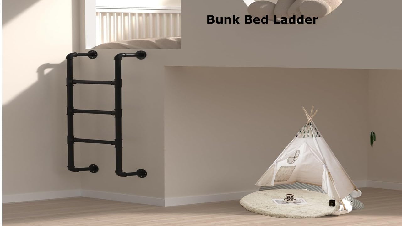 Escalera de Litera de 4 Peldaños, 4.1×1.5 Pies Montaje en Pared Salida de Emergencia de Pozo de Ventana de Sótano, Negro Hierro Forjado Escalón de Tubería Industrial Soporta 330 libras, Metal Interior