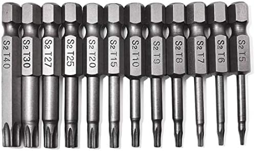 Torx Screwdriver Bit Set, PTSLKHN S2 Steel Magnetic Security Tamper Proof Star 6 Point Screw Driver Kit Tools, 12PCS 1/4" Hex Shank T5-T40 50mm Length, Perfect for Ikea Type Furniture