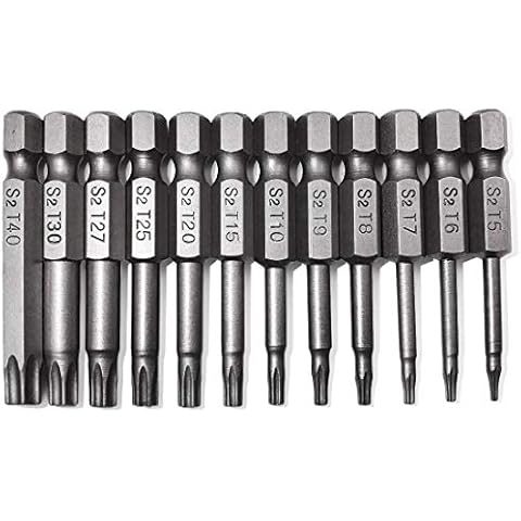 Torx Screwdriver Bit Set, PTSLKHN S2 Steel Magnetic Security Tamper Proof Star 6 Point Screw Driver Kit Tools, 12PCS 1/4" Hex Shank T5-T40 50mm Length, Perfect for IKEA Type Furniture Cover