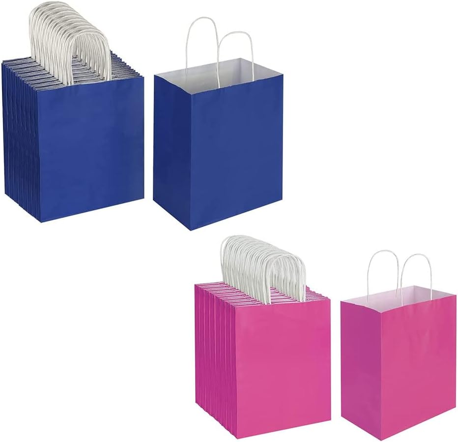 Oikss Each 100 Pack Medium Blue & Fuchsia Kraft Paper Gift Bags with Handles Bulk