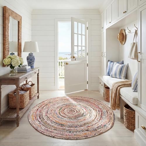 SAFAVIEH Area Rug 5' Round - Cape Cod Collection - Beige & Multi, Handmade Jute & Cotton, Woven Braided Design (CAP202B)
