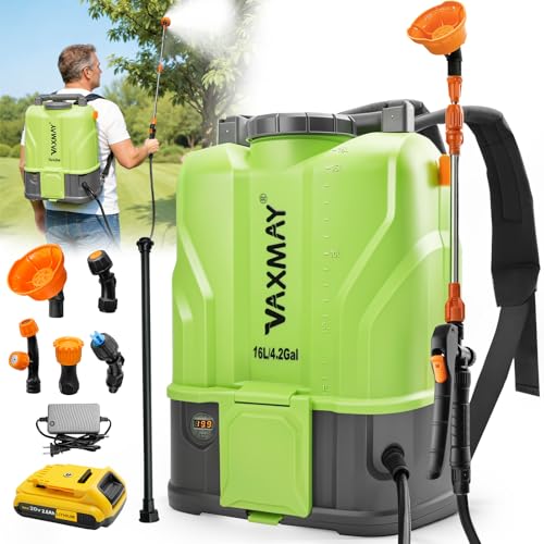 VAXMAY Battery Powered Backpack Sprayer 4.2 Gallon 120 PSI Electric Garden Sprayer Compatible with DeWalt 20V Battery Weed Yard Sprayer with 2 Wands 5 Nozzles 2.6 Ah Battery & Charger Included