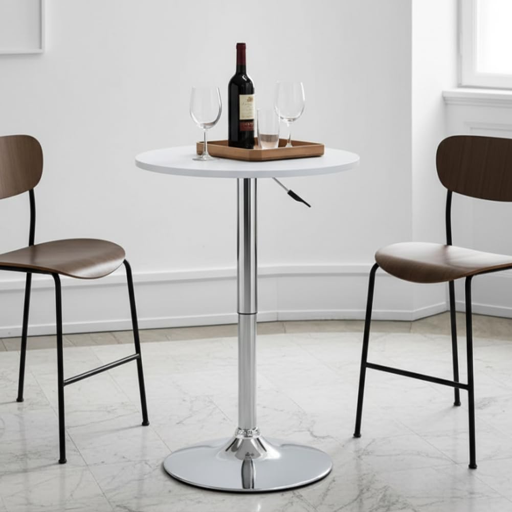 BAKAJI Tavolo da Bar Girevole Rotondo con Altezza Regolabile da 70 a 91 cm, Tavolino Alto Tondo per Ristoranti con Diametro Piano 60 cm, Struttura in Metallo Cromato Ideale per Soggiorno, Bianco