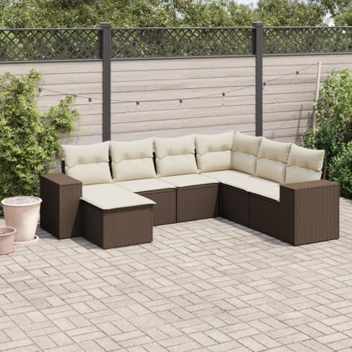 QJBSAVVA 7-TLG. Garten-Sofagarnitur aus braunem Poly-Rattan, Ecksofa &...