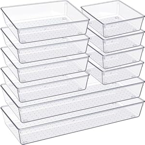 Criusia Drawer Organizer, 10 Pack Large Clear Plastic Drawer Organizers Set, 3 Size Versatile Bathroom and Vanity Drawer Organizer Trays, Storage Bins for Makeup, Bedroom, Kitchen Gadgets Utensils