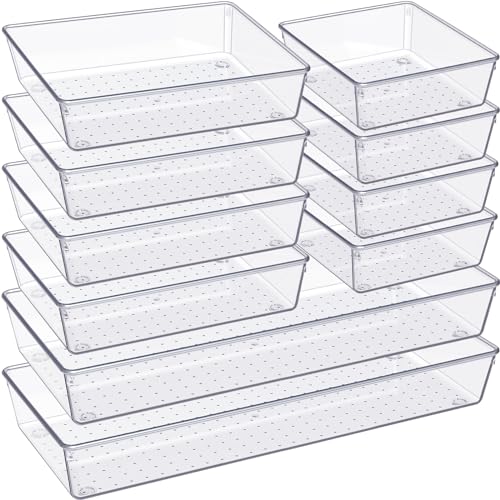 Criusia Drawer Organizer, 10 Pack Large Clear Plast Set, 3 Size Versatile Bathroom and Vanity Organizer Trays, Storage Bins for Makeup, Bedroom, Kitchen Utensils