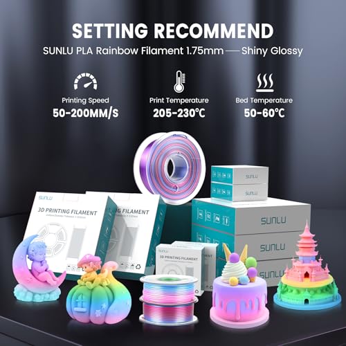 Image of SUNLU 3D Printer Filament Bundle, PLA+ Silk Rainbow Filament Multicolor 1.75mm, Individually Vacuum Packed, 250G Spool, 8 Rolls, 2kg in Total, 8 Rainbow Color, Suit for Christmas Print