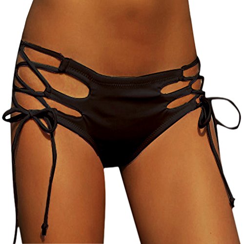 Misscat Women's Strappy Rave Booty Shorts Bikini Bottoms Swimwear with Ties (Black, US 4-10)