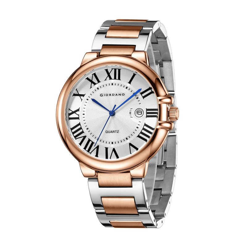 Image of Giordano Analog Quartz Watch for Men - Stainless Steel Strap, Textured Dial with Roman Numerals, Blue Hands, Date Display
