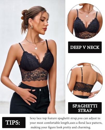 Image of Avidlove Lace Bralettes for Women V Neck Spaghetti Strap Bra Unpadded Tops Sexy Cami Crop Top Going Out Lingerie