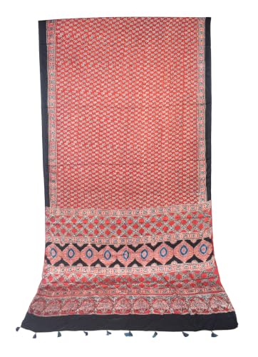 Image of Ethnics of Kutch Womenss Ajrakh Modal Silk Natural Dye Hand Block Print Saree with Blouse Piece - 5.5 Mtr Length