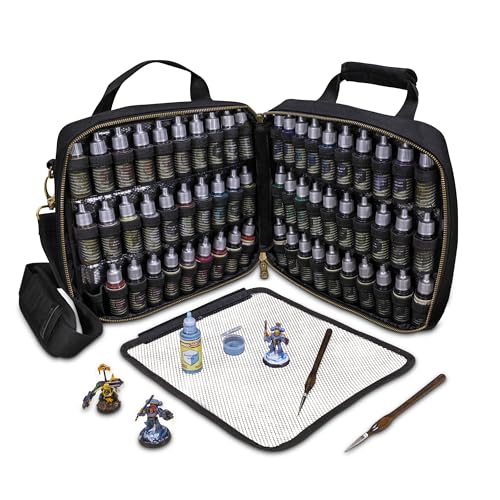 ENHANCE Miniature Paint Carrying Case - Painting Case with Slots for 60 Bottles 16 Brushes - Paint Organizer Case with Gallery Display for Color Palettes Comfortable Shoulder Strap Cleanable Pad