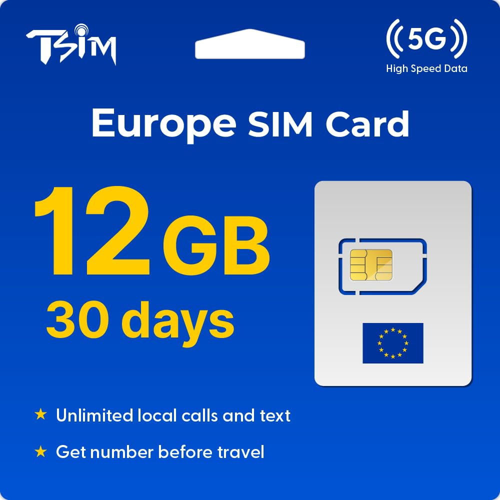Europe SIM Card for Travel 30 Days 12GB | Unlimited Local Calls and Text | Get Number Before Travel | 30+ Countries Austria, France, Germany, Italy, Switzerland, Spain, UK