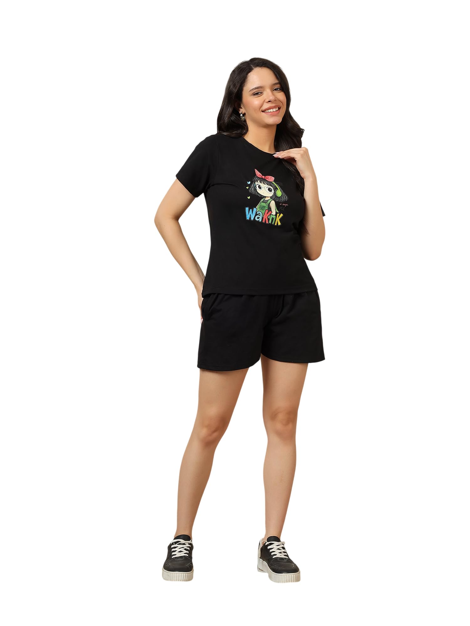 kvetoo Women's Cotton Blend T-Shirt & Shorts Night Suit Coord Set Black-picture-11