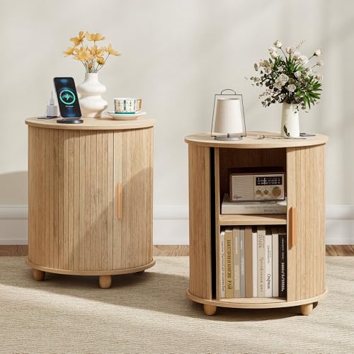 Image of 18 Inch Mid-Century Fluted Nightstand Set of 2, Farmhouse Round End Table with Charging Station & Sliding Door, Bohemia Wooden Bedside Table with Storage for Living Room, Bedroom (18 inch, Natural)