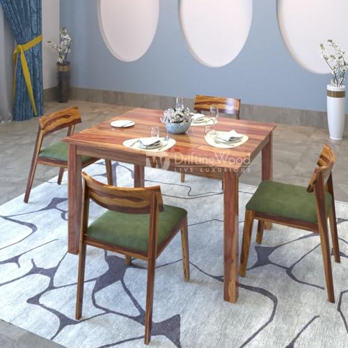 Image of DRIFTINGWOOD Liana Dining Table 4 Seater | Four Seater Dinning Table with 4 Chairs with Green Cushions for Home | Rosewood, Natural Finish, Self Assembly(DIY)