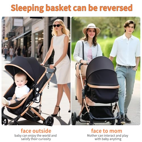 3-in-1 Baby Pram & Stroller with Bassinet | High Landscape Luxury Travel Pram for Newborn to Toddler | 50kg Capacity & Spring Shock Absorption | One-Hand Fold, 5-Point Harness | Includes Mosquito Net & Cup Holder (Black) - Image 4