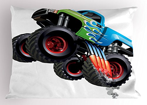 Ambesonne Cars Pillow Sham, Cartoon Monster Truck Cool Vehicle Modified to The Perfection Colorful Design, Decorative Standard Queen Size Printed Pillowcase, 30