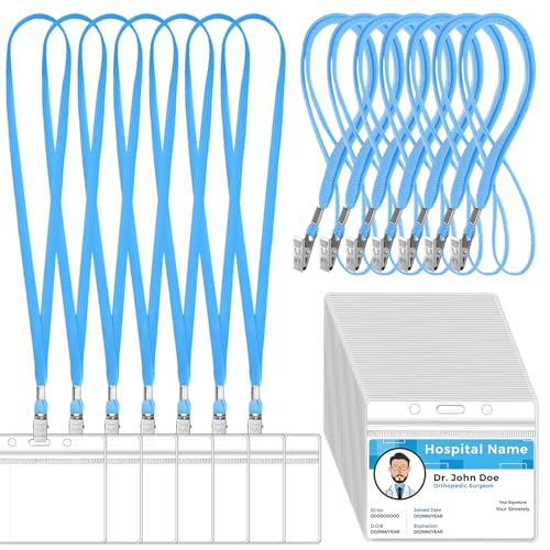 Image of Marspark 50 Sets 4 inchx3 inch Name Badge Holder with Lanyard Bulk, Lake Blue