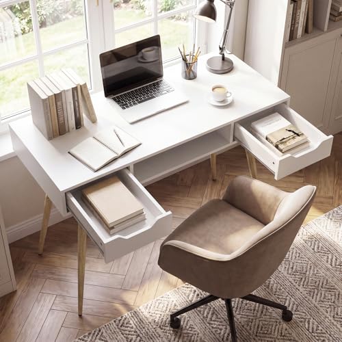 Image of Tangkula Mid Century Modern Desk Simple Computer Desk | White Writing Desk Vanity Table w /2 Drawers & Open Center Storage, Small Wooden Study Table for Home Office & Compact Spaces