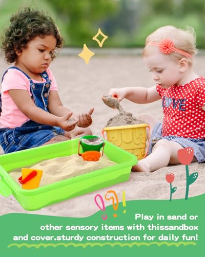 Image of Sensory Bin Sand Tray with Lid for Toddlers 2 Pcs 15in Portable Sandbox Toy Large Plastic Tray for Kids 3 4 5 6 Fill with Sand, Water, Beads, and More (Green+Blue)